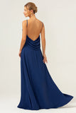 Mermaid Backless Long Chiffon Navy Bridesmaid Dress with Sleeveless