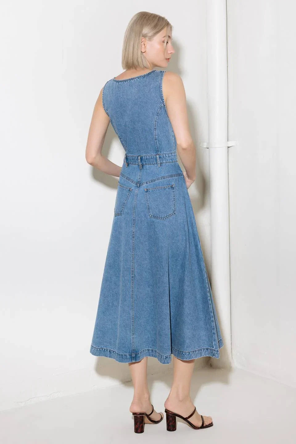 SOFTLY ROMANTIC SQUARE NECKLINE DENIM MIDI DRESS