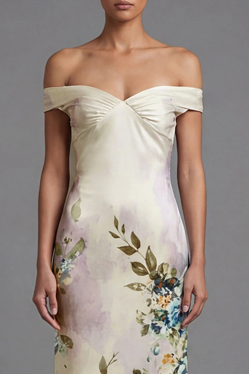 Off the Shoulder Mermaid Cut Out Ivory Printed Formal Dress