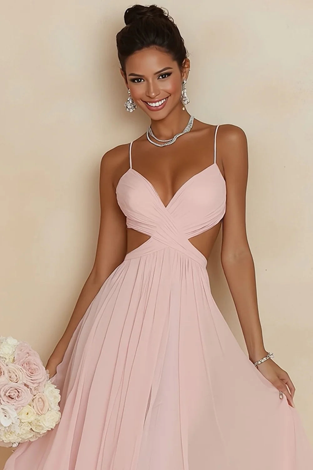 Blush Pink A Line Spaghetti Straps Cut Out Long Bridesmaid Dress