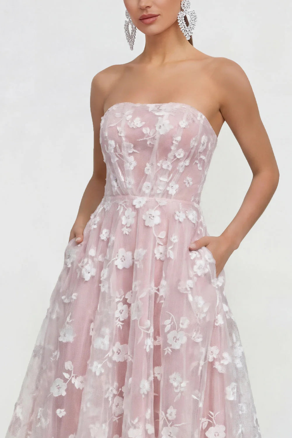 Strapless Floral Blue A Line Wedding Guest Dress