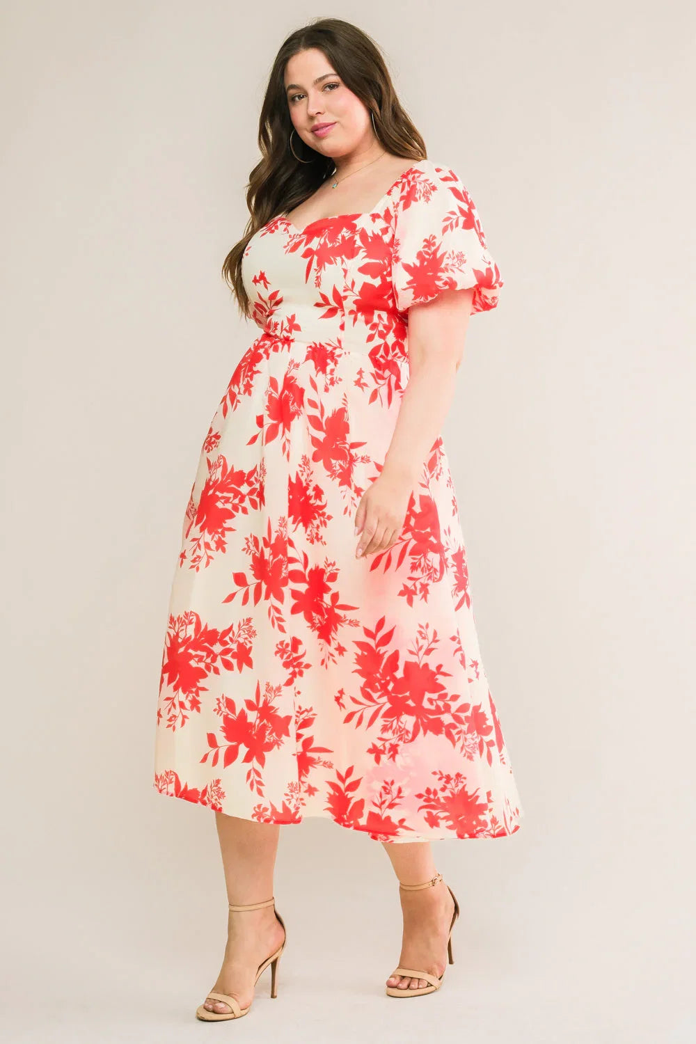 COTTAGE GARDEN PUFF SLEEVE MIDI DRESS RED