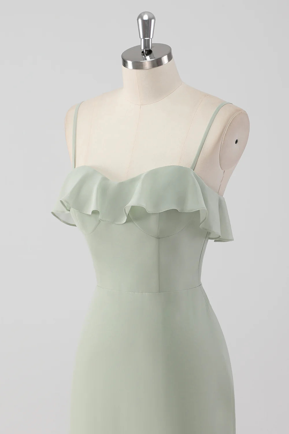 Dusty Sage Sheath Spaghetti Straps Pleated Long Bridesmaid Dress with Lace Up Back
