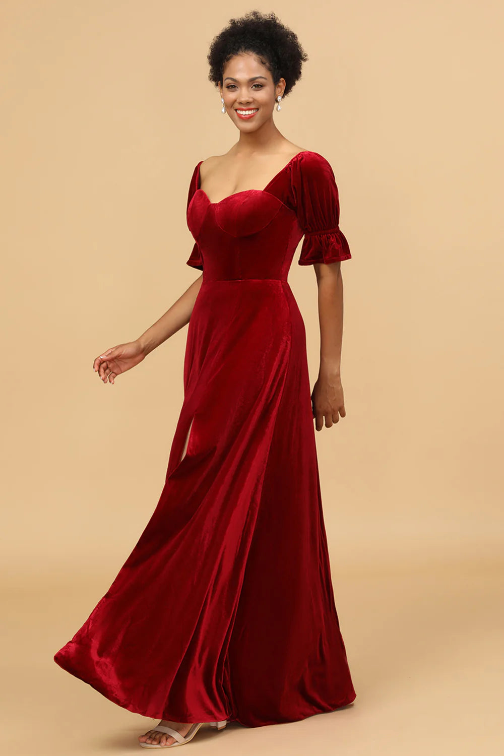 Burgundy Flare Sleeves Velvet Bridesmaid Dress with Slit