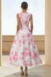 Floral White A Line Midi Wedding Guest Dress with Pockets