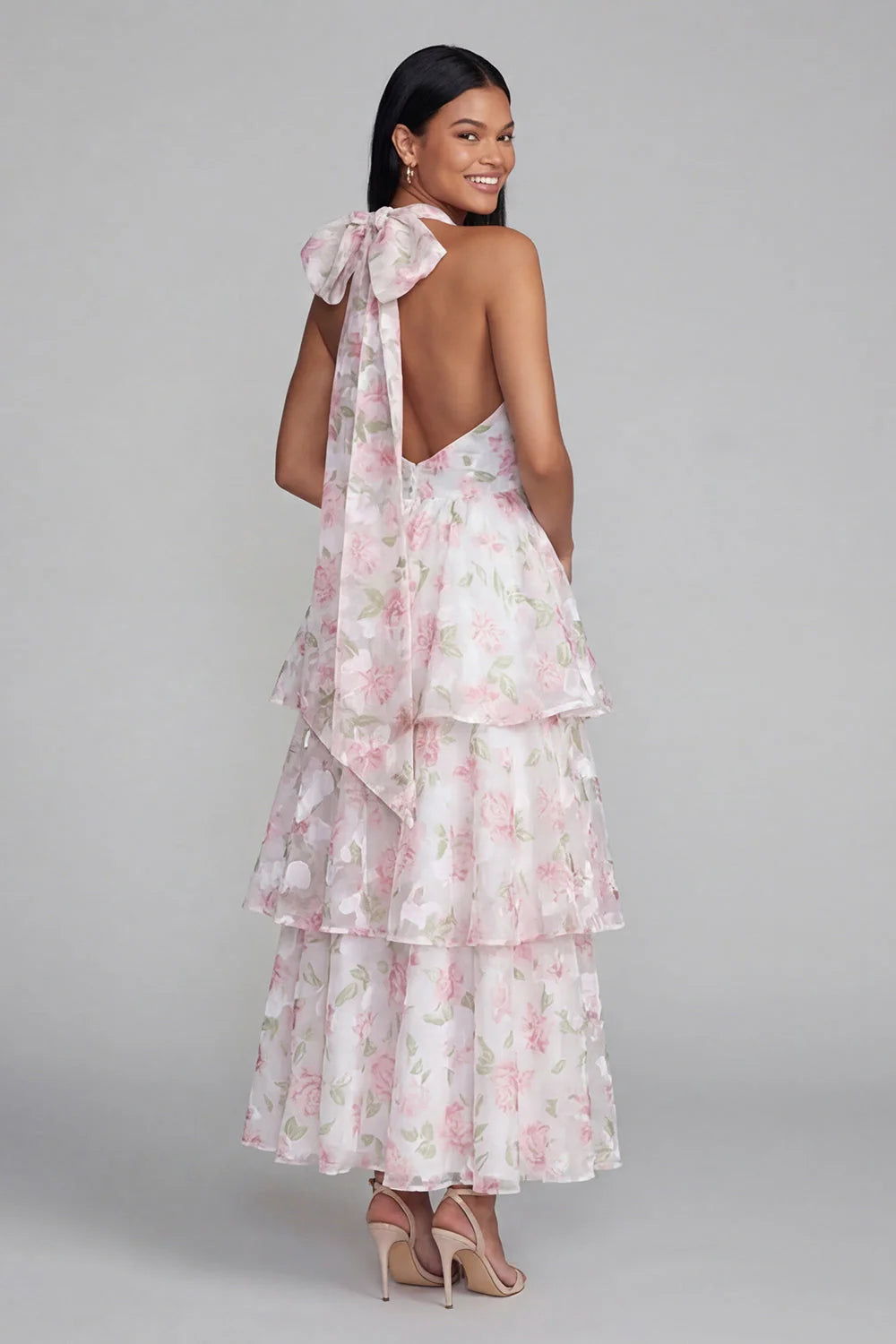 Blue Halter A Line Tiered Floral Wedding Guest Dress