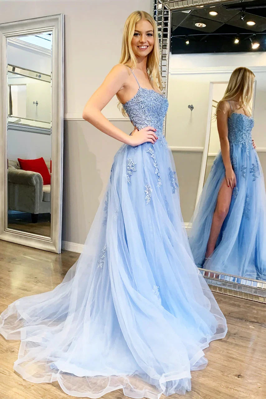 Alisha Gown Light Blue Tulle A line Dress With Open Back