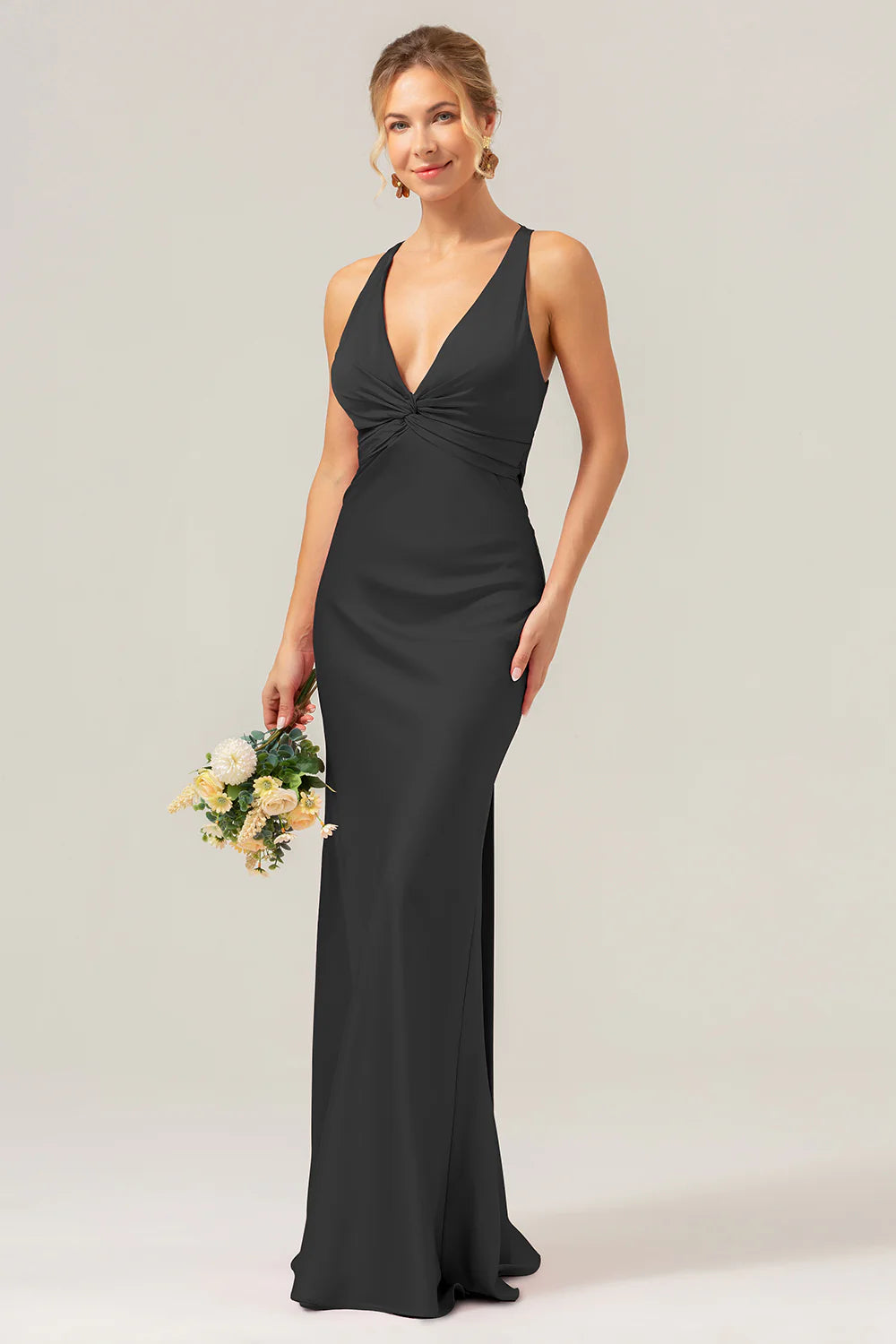 Pink Mermaid Deep V Neck Ruched Long Bridesmaid Dress with Lace Up Back