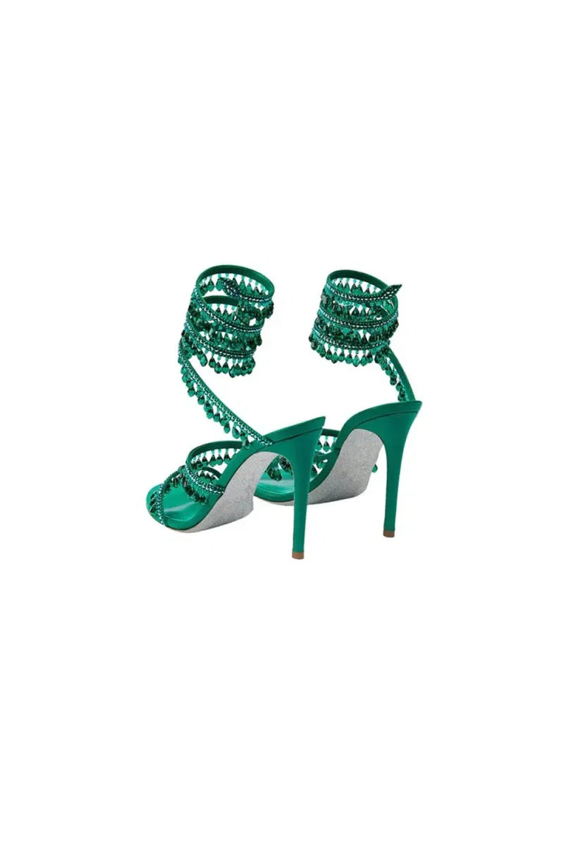 Open Toe Ankle Wrap Beaded Crystal Stiletto Heels