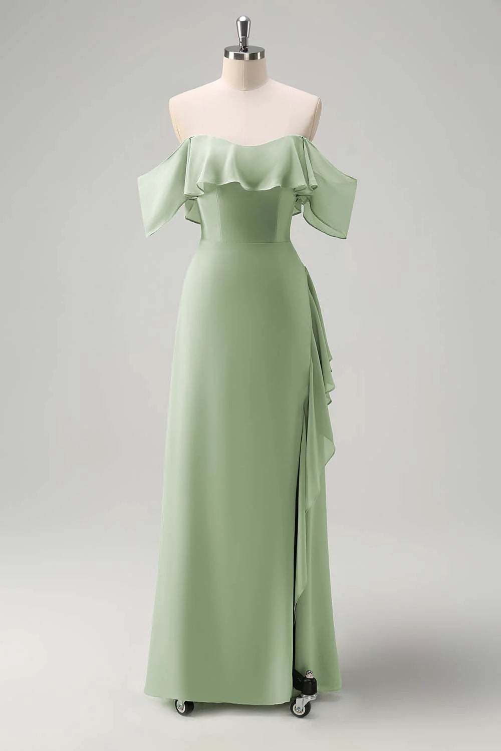 Light Green Sheath Off The Shoulder Chiffon Long Bridesmaid Dress with Ruffle Slit