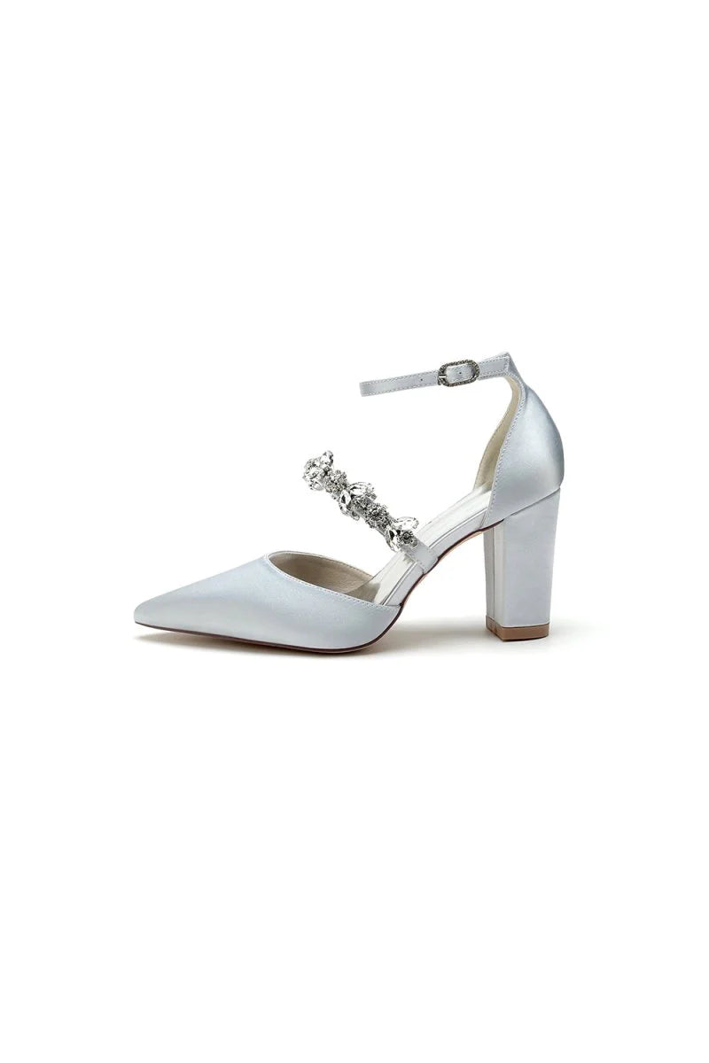 Satin Pointed Toe Rhinestone Strappy Chunky Heels