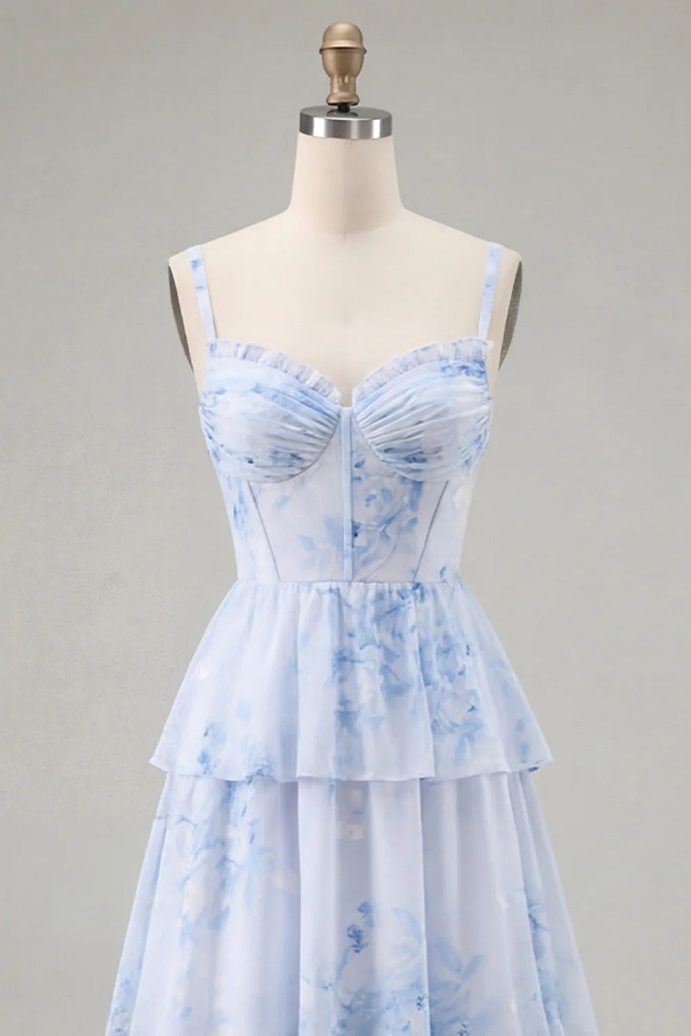 Dusty Sage A Line Corset Tiered Print Floral Long Bridesmaid Dress with Slit