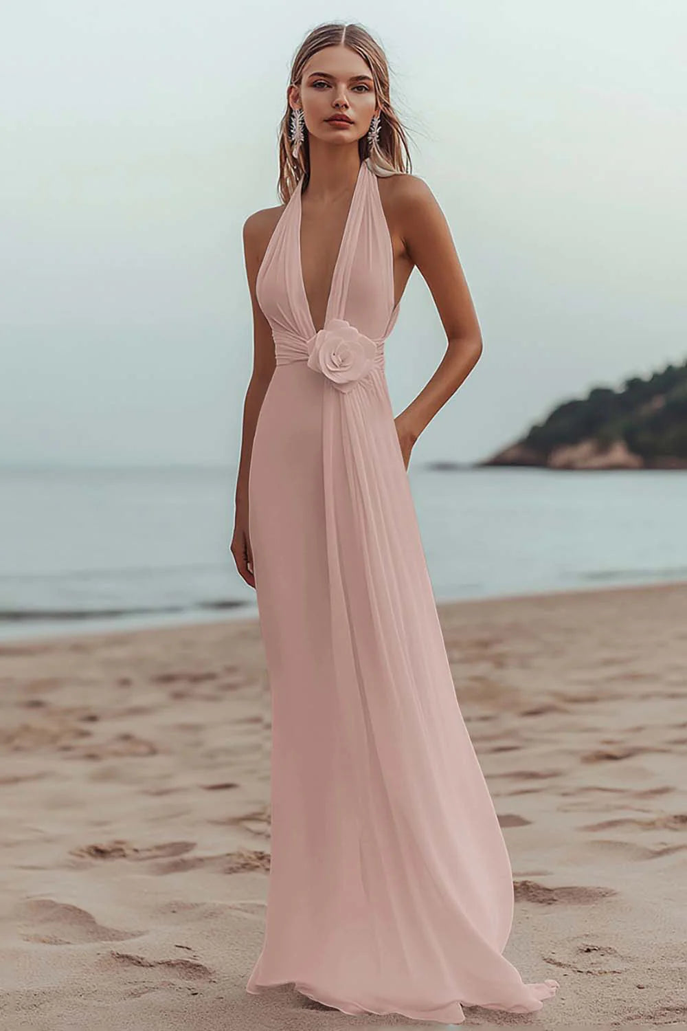 White A Line V Neck Engagement Dress With 3D Flowers