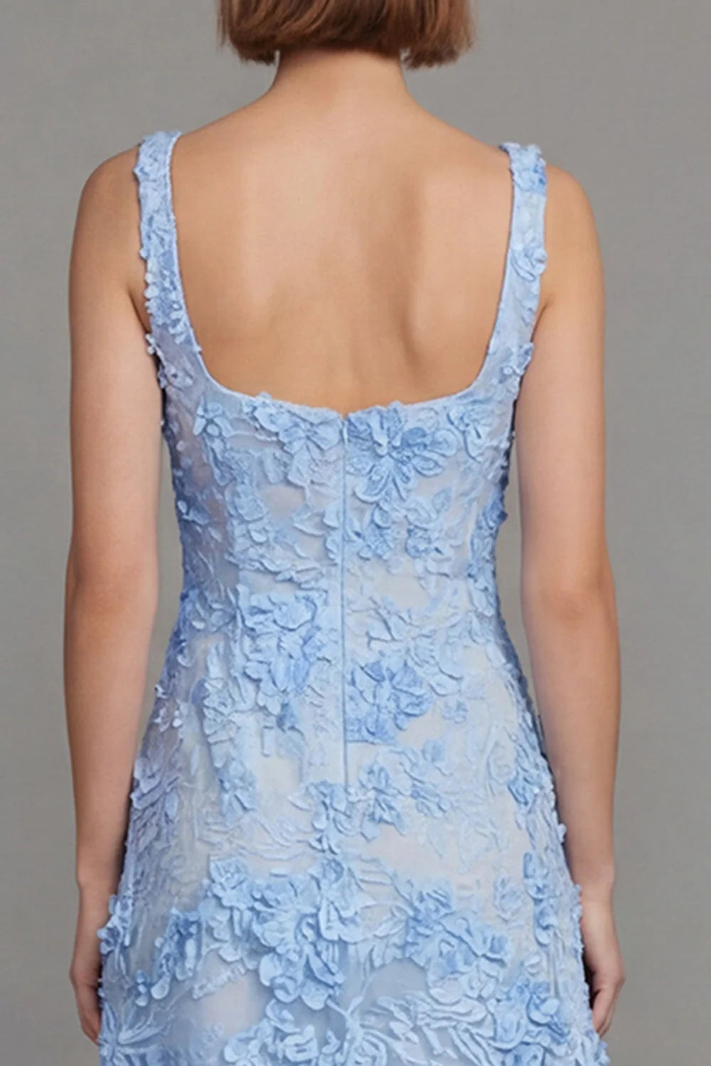 Blue Floral A Line Square Neck Midi Wedding Guest Dress