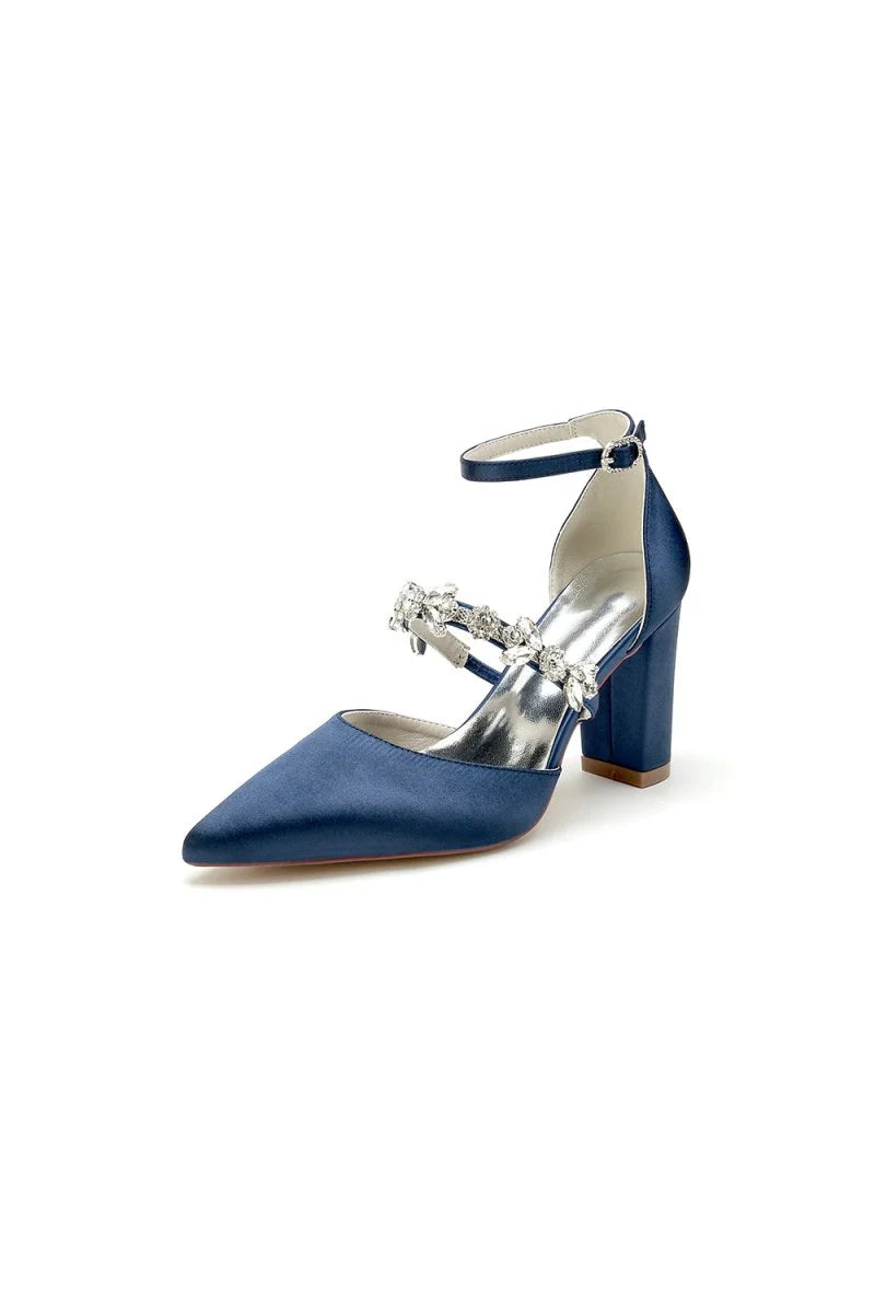 Satin Pointed Toe Rhinestone Strappy Chunky Heels