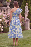 One Shoulder Blue Floral A Line Ruffled Midi Wedding Guest Dress