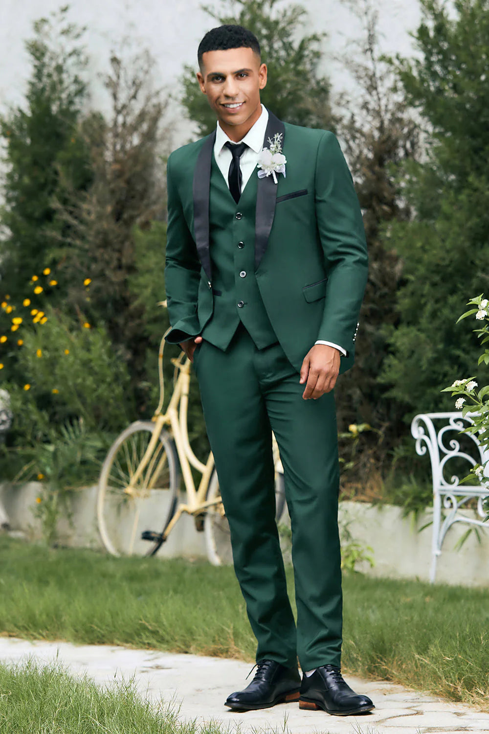 Mens Dark Green Shawl Lapel 3 Pieces Slim Fit Wedding Suits