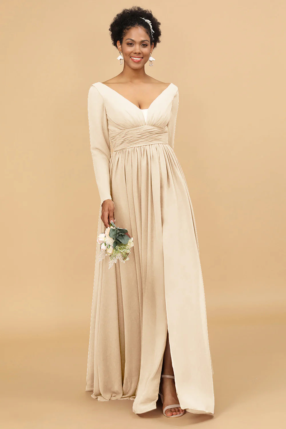 A Line V Neck Long Sleeves Chiffon Bridesmaid Dress with Slit