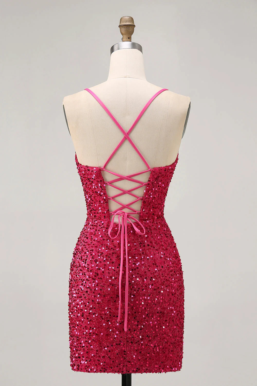 Sparkly Fuchsia Sequins Spaghetti Straps Short Tight Homecoming Dress