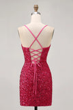 Sparkly Fuchsia Sequins Spaghetti Straps Short Tight Homecoming Dress