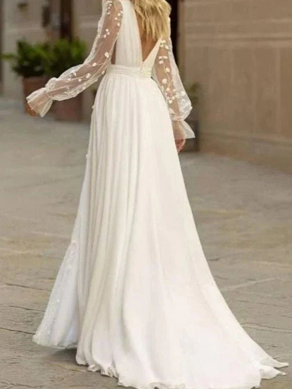 Long Sleeve Boho Flowy Wedding Dress Lace A Line V Neck Beach Gown with Split Front and Sweep Train