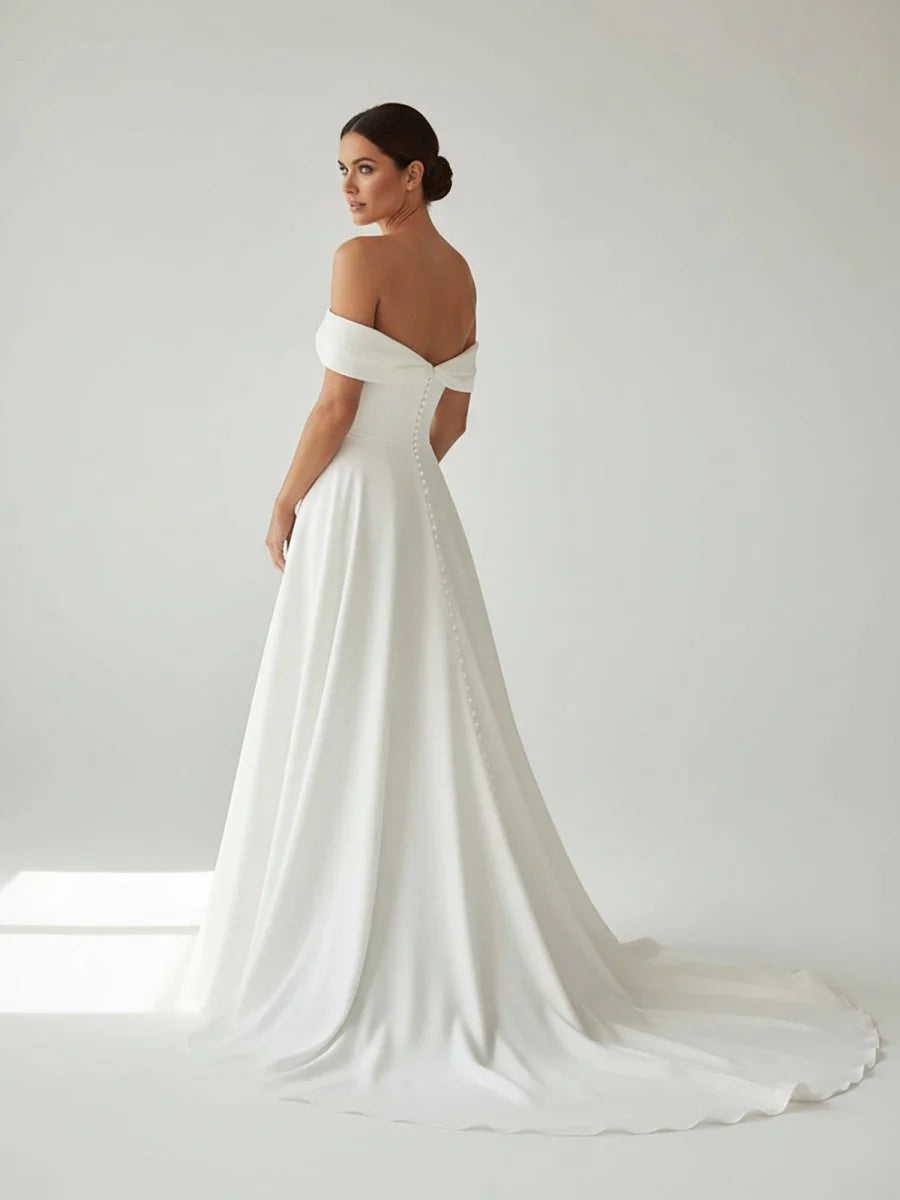 A Line Chiffon Sleeveless Off the Shoulder Wedding Dress with Ruching Floor Length