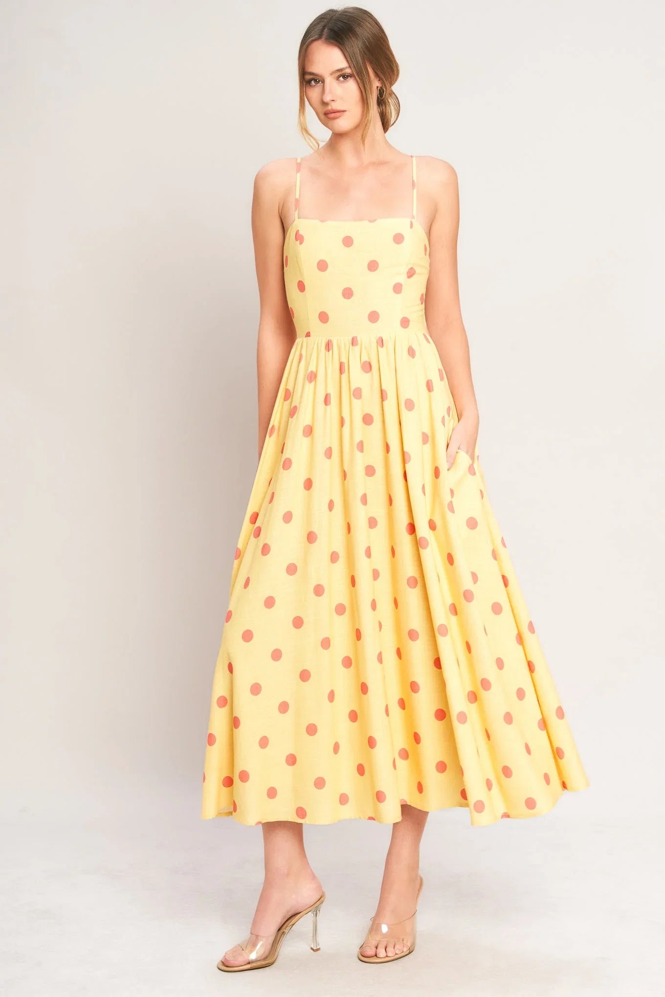 GOLDEN SUMMER POLKA DOT YELLOW MIDI DRESS