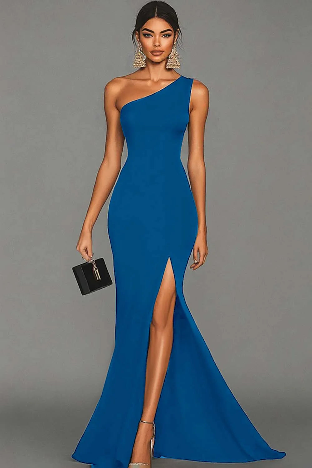 Black Mermaid One Shoulder Long Formal Dress with Slit