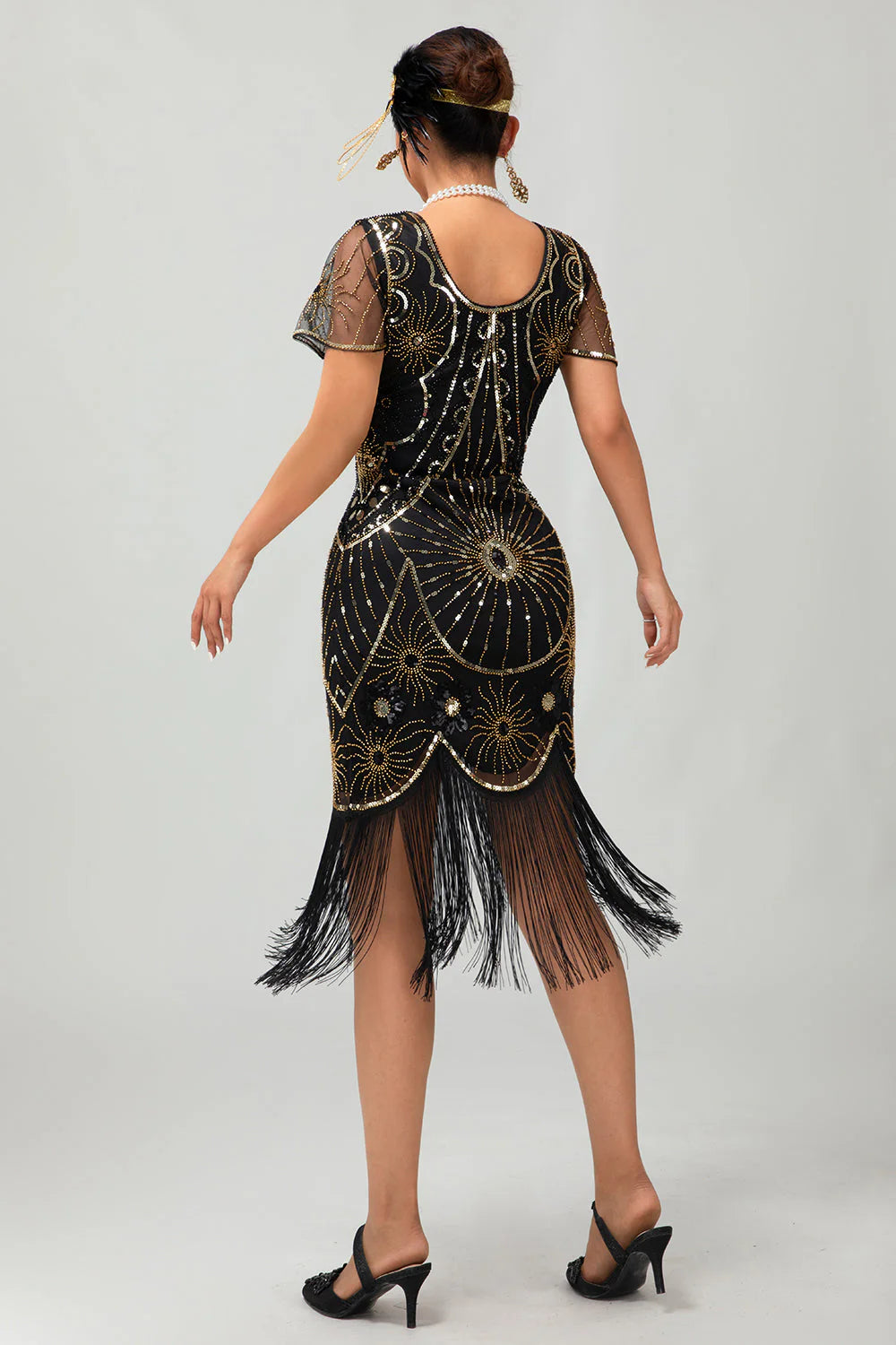 Gatsby Black Silver Scoop Fringed Bodycon 1920s Dress with Sequins