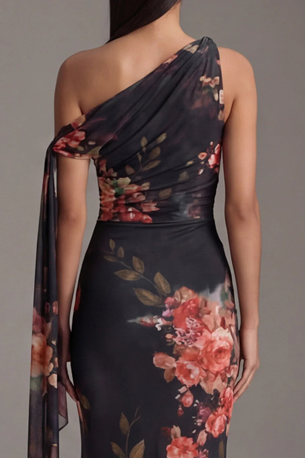Asymmetrical Neck Black Mermaid Printed Long Formal Dress