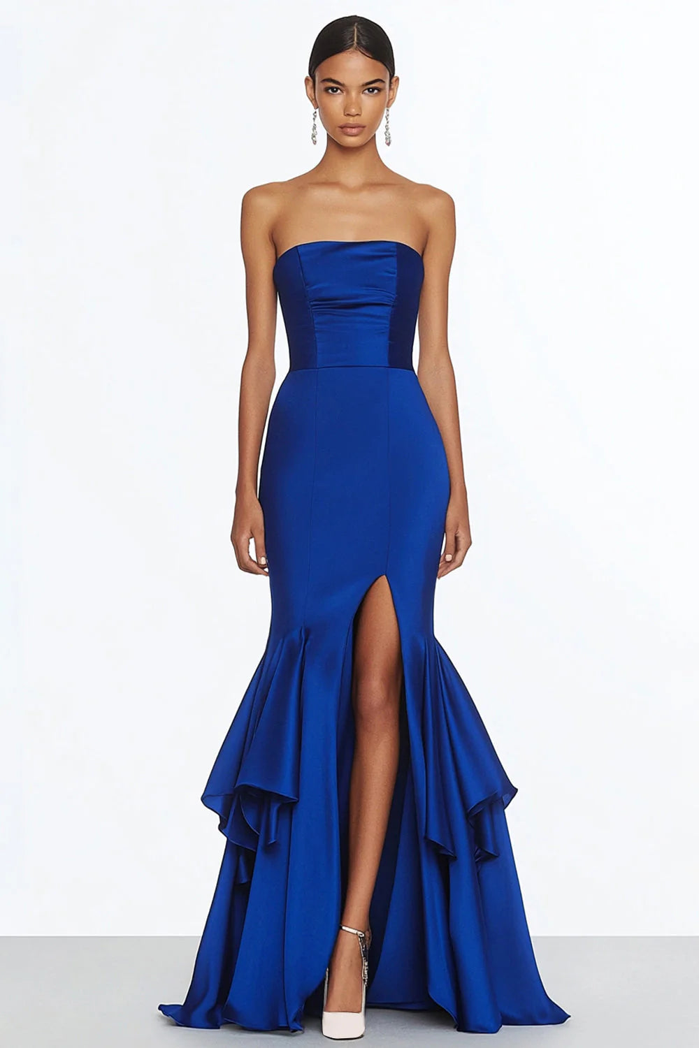 Royal Blue Mermaid Strapless Satin Long Formal Dress with Slit