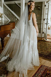 Boho V Neck Lace Tulle Wedding Dress