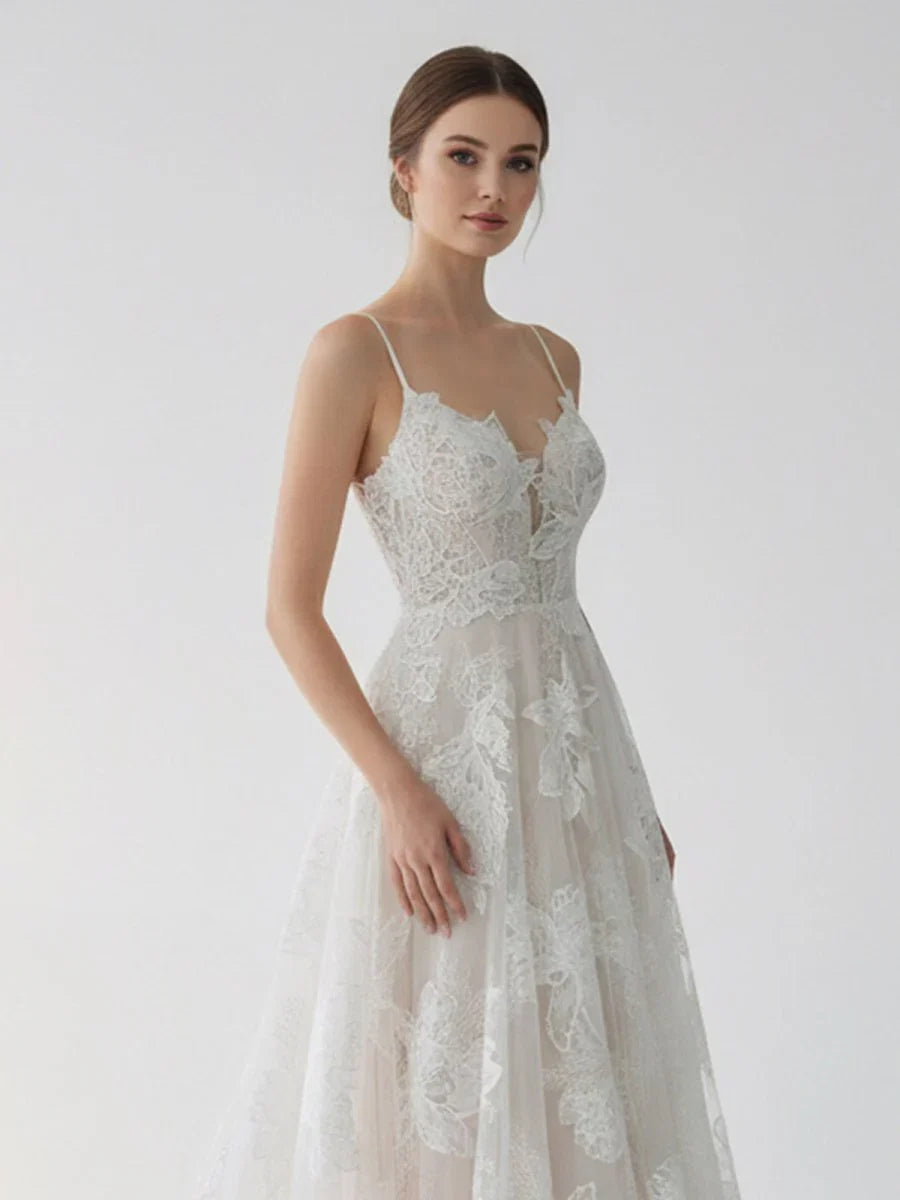 Boho White A Line Lace Appliques Wedding Dress