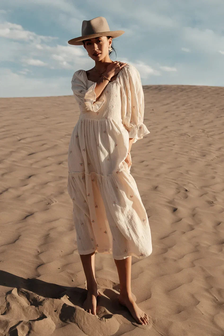 Ditsy Floral Embroidered Dress in Cream FINAL SALE