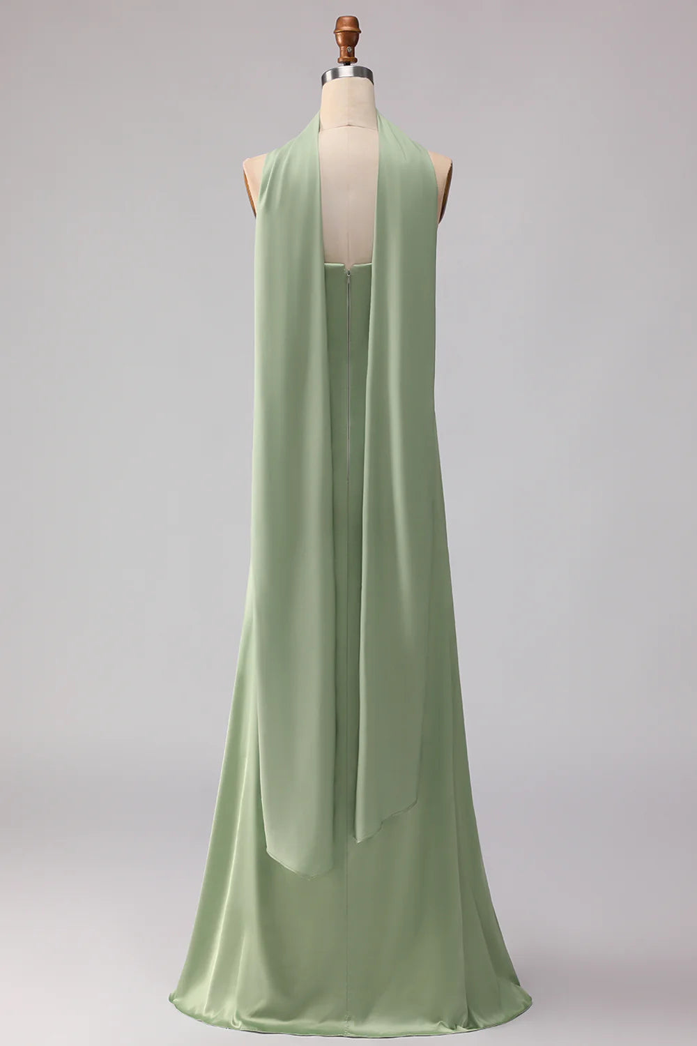 Dusty Sage Mermaid Strapless Satin Long Bridesmaid Dress with Streamer