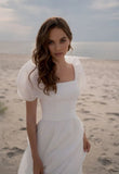 Charming A Line Square Neck Short Sleeves Wedding Dresses with Train