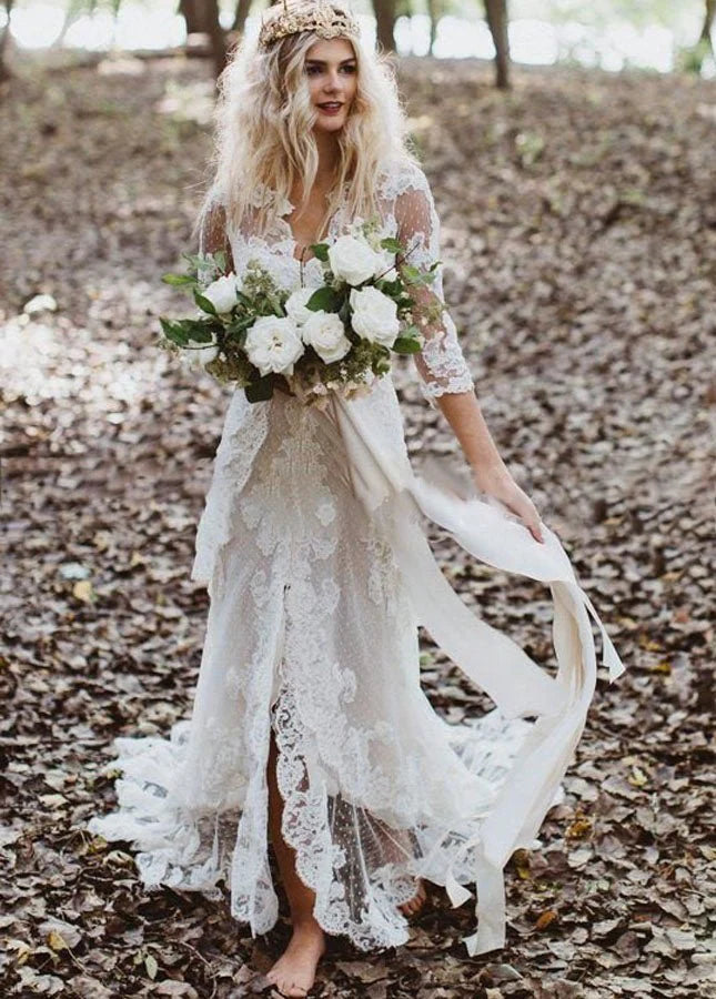 Tulle A Line Lace Appliques 3 4 Sleeve V Neck Romantic Bridal Wedding Gowns
