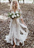 Tulle A Line Lace Appliques 3 4 Sleeve V Neck Romantic Bridal Wedding Gowns