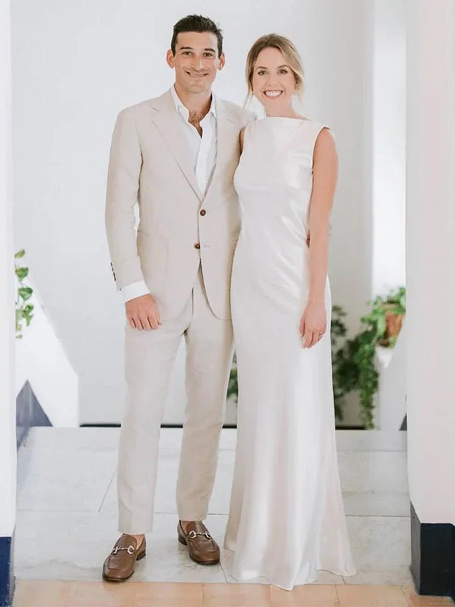 Sheath High Bateau Neck Backless Silk Satin Wedding Dress