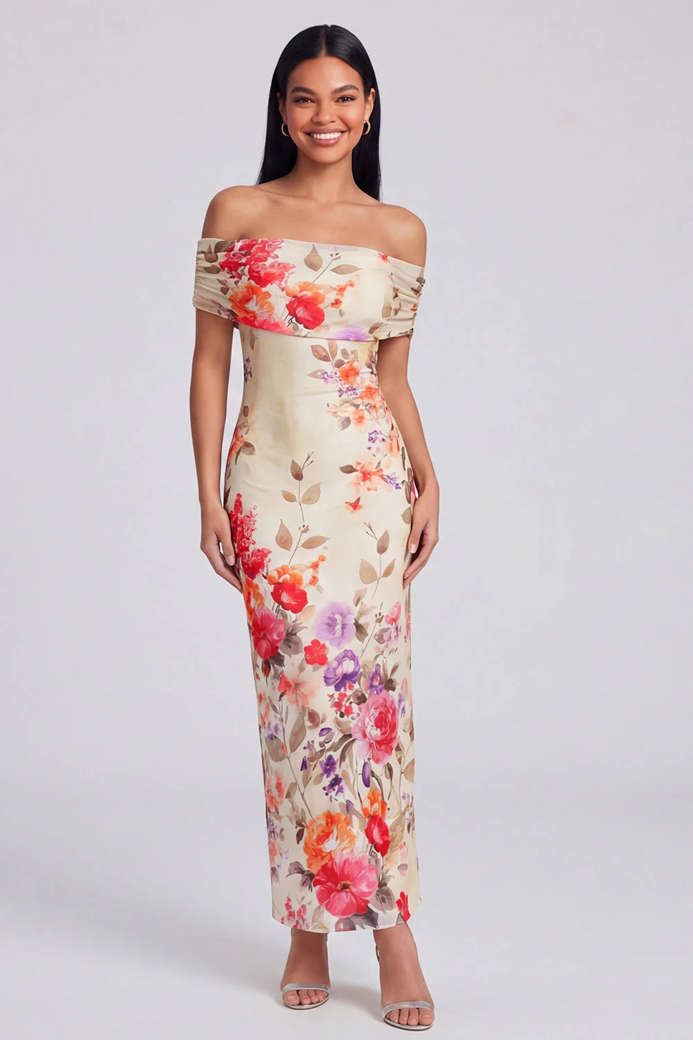 Off the Shoulder Ivory Sheath Floral Wedding Guest Dress