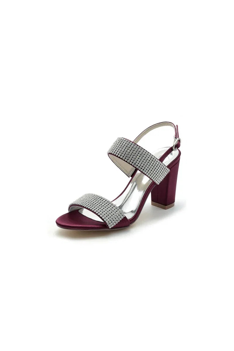 Open Toe Beaded Buckle Satin Chunky Heels