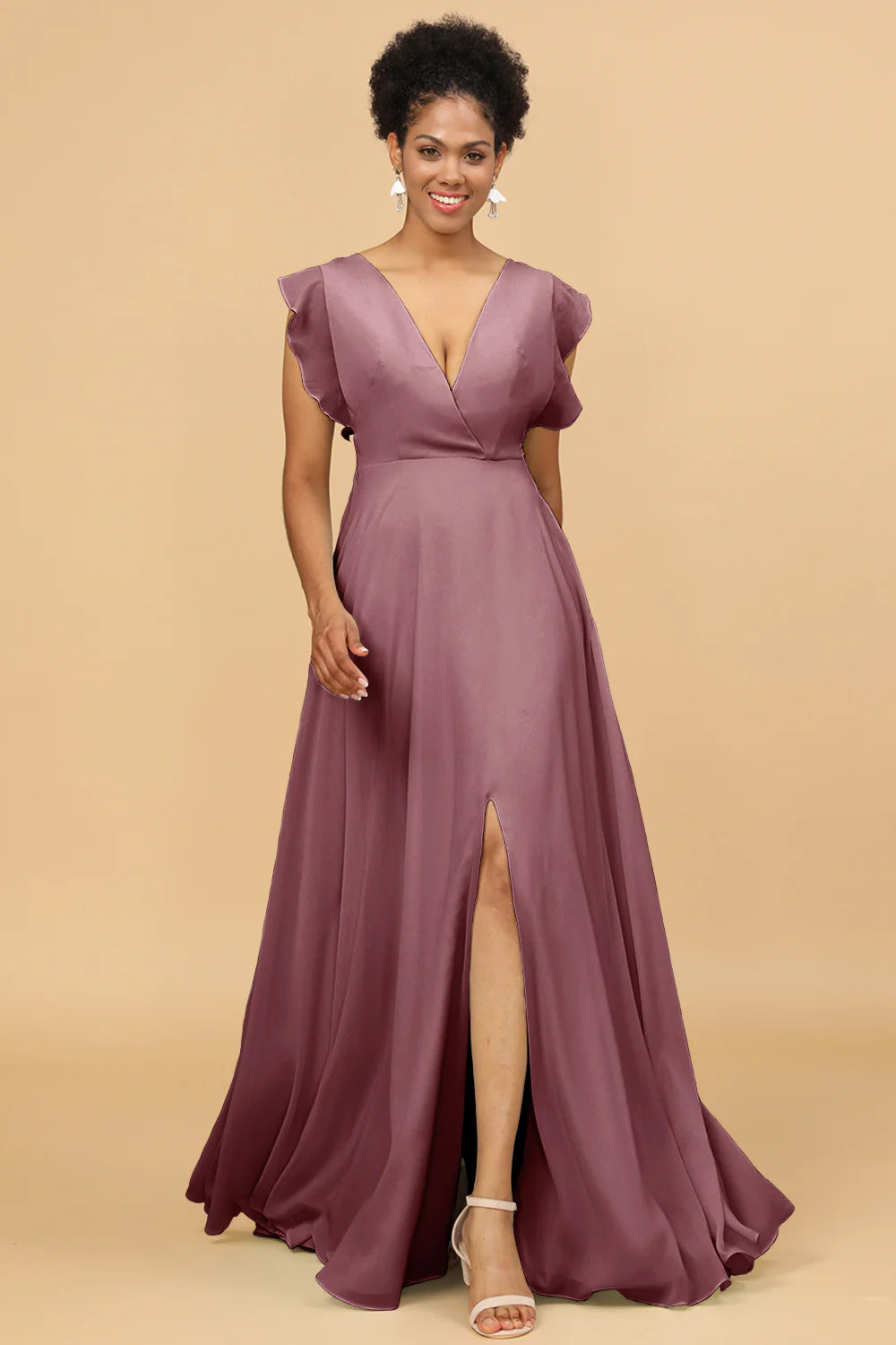 A Line V Neck Floor Length Chiffon Bridesmaid Dress with Slit