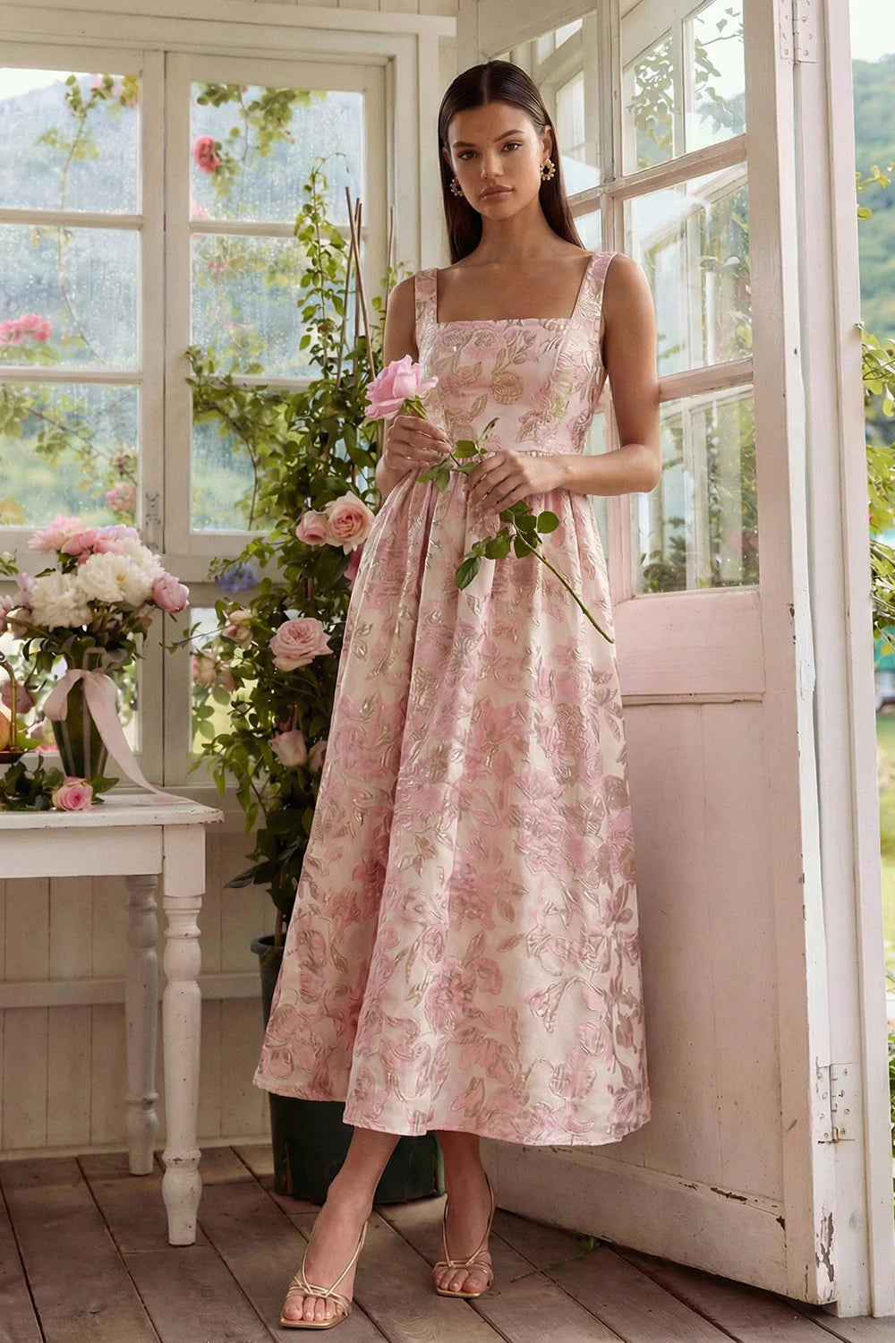 Blush Floral A Line Square Neck Brocade Midi Wedding Guest Dress