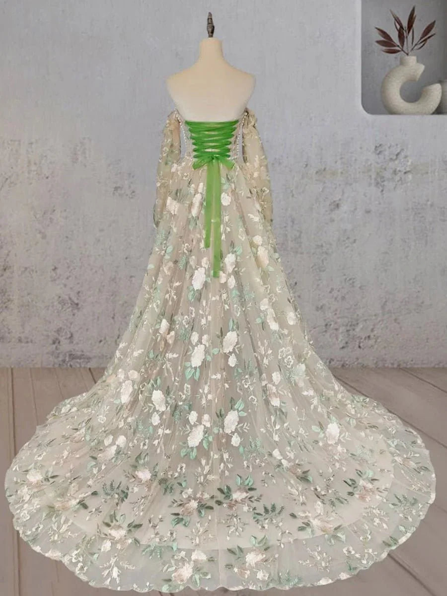 A Line Light Green Sweetheart Pearl Wedding Dress