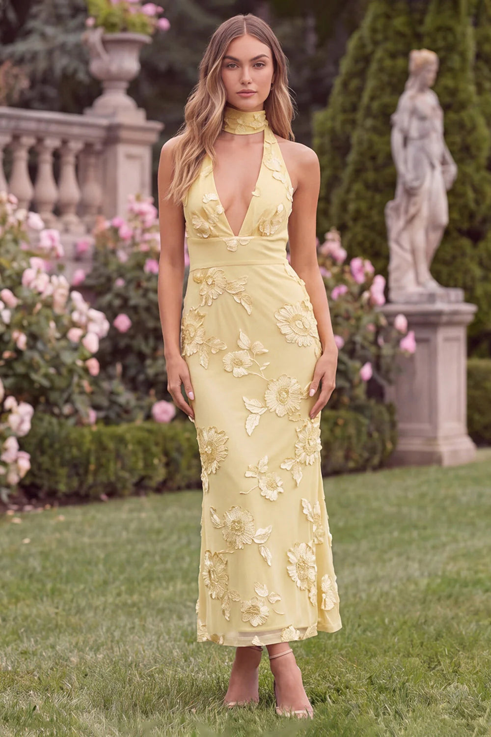 Halter Sage Mermaid Floral Wedding Guest Dress with Scarf