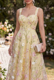 Floral A Line Light Yellow Midi Wedding Guest Dress