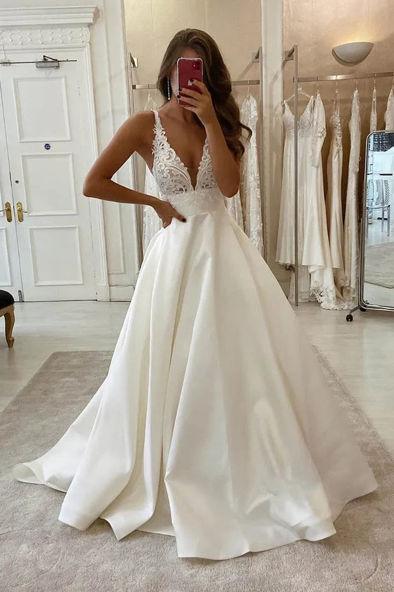 A Line V neck Lace Appliques Satin Wedding Dress Bridal Gowns
