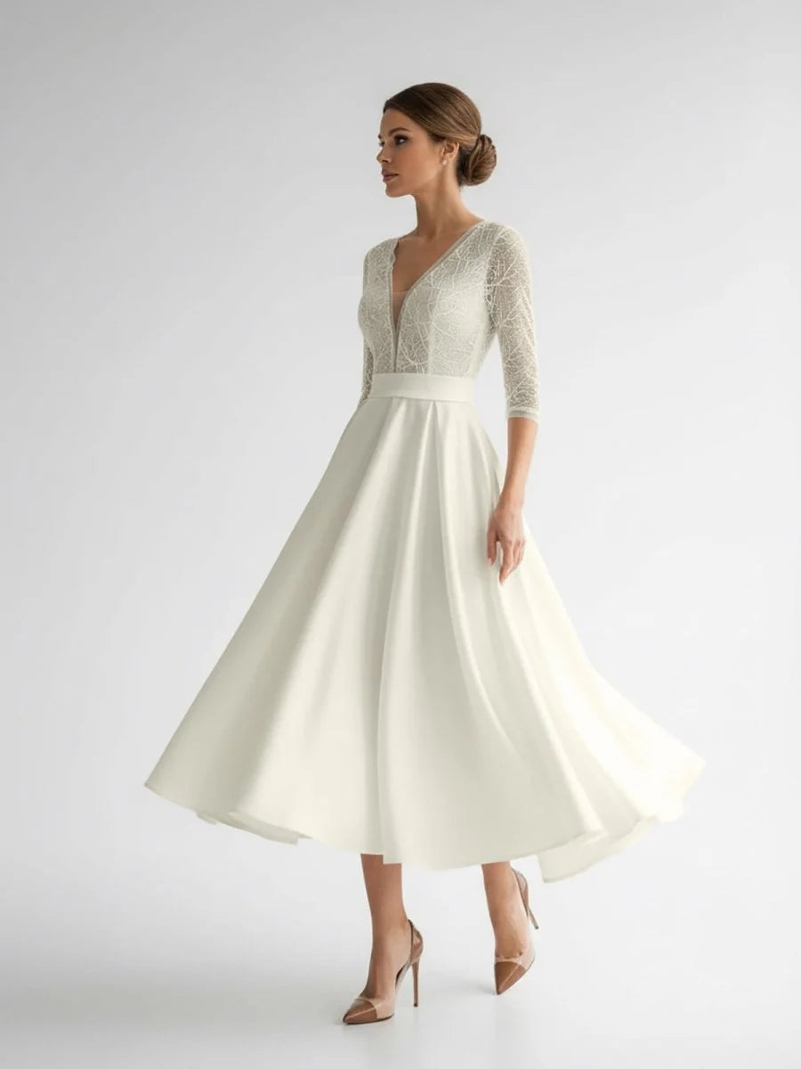 Satin V neck A Line Tea length Wedding Dress with Ruching and Sash