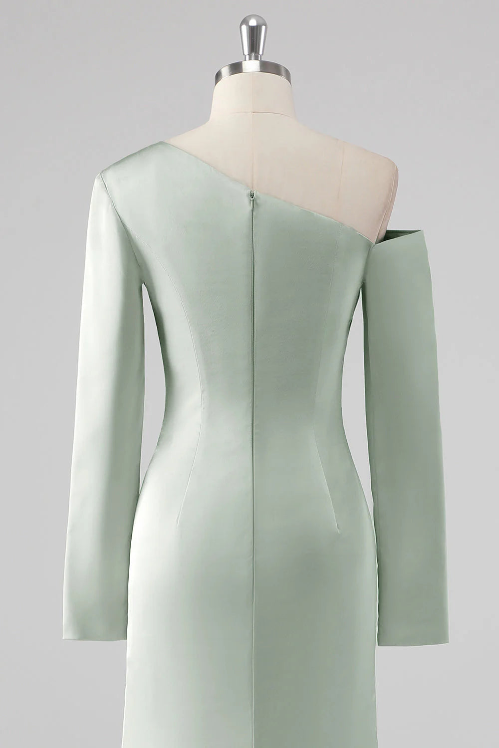 Sage Sheath One Shoulder Satin Long Bridesmaid Dress with Long Sleeves