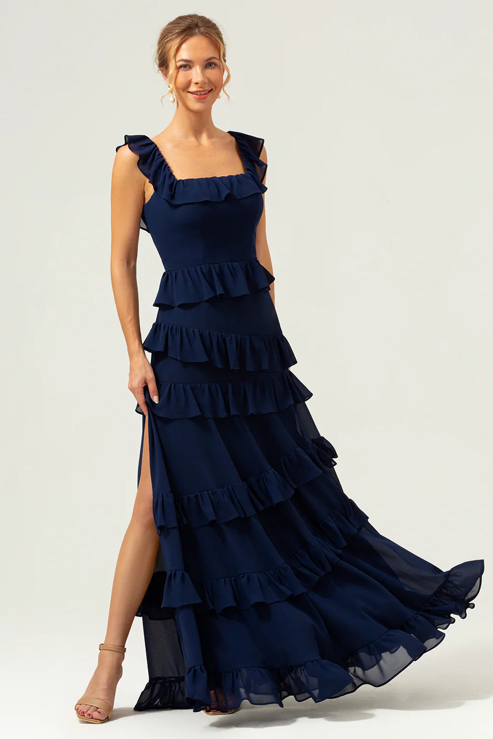 Dark Navy A Line Square Neck Tiered Long Bridesmaid Dress